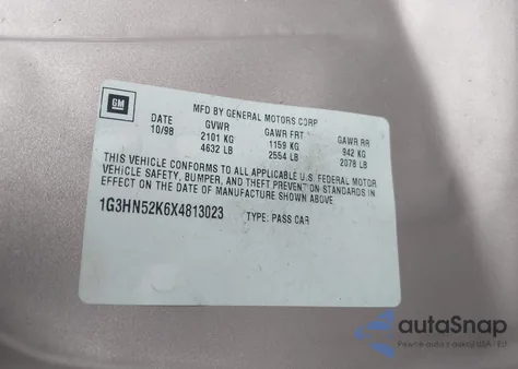 1999 Oldsmobile Eighty-Eight Ls из США, поврежденный, VIN 1G3HN52K6X4813023